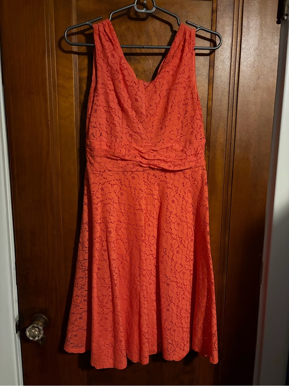 Roz & Ali Sleeveless Lace Midi Dress in Coral Orange